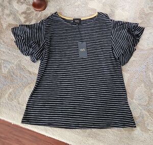 W5 Black and White Striped Blouse with Ruffled Sleeves